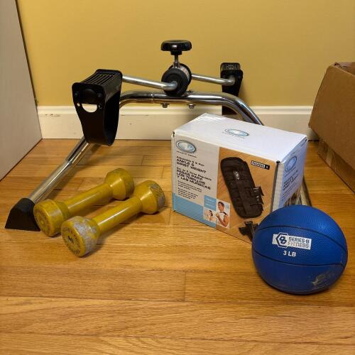 Exercise Equipment Lot: Pedal Exerciser, Weights, & Ball