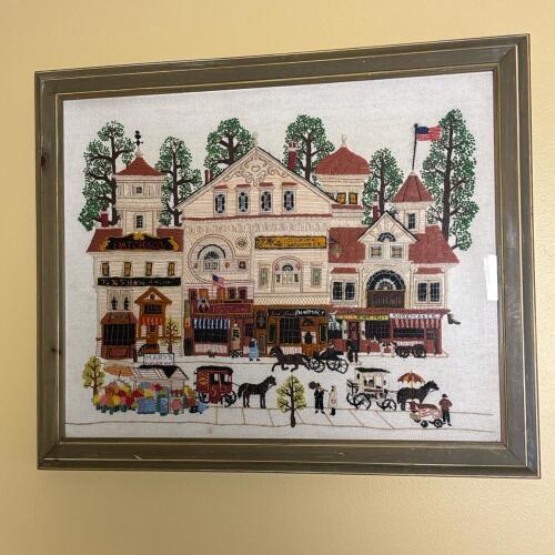 Framed Embroidered Street Scene Artwork, 23"x19"