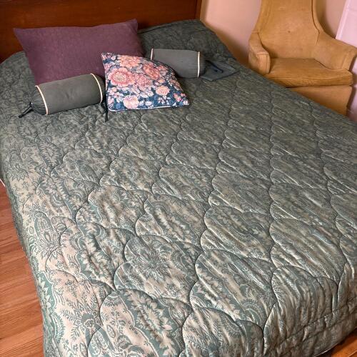 Green Damask Bedspread with Floral and Accent Pillows