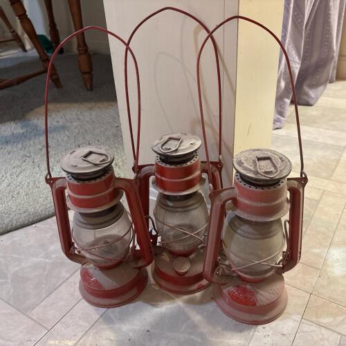 Three Vintage Red Meva Kerosene Lanterns