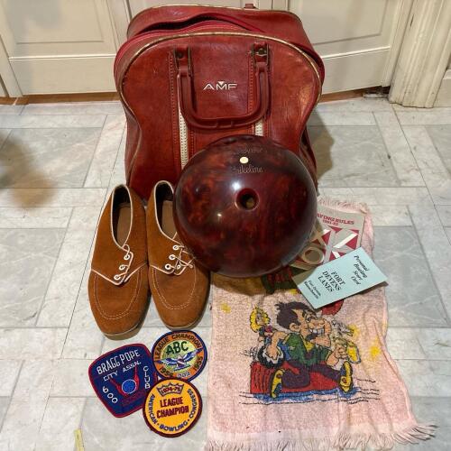 Vintage AMF Strikeline Bowling Ball, Shoes, Red Bag & Patches