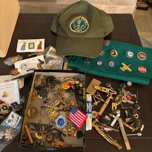 Military Pins, Badges, Patches & Army Baseball Hat Lot