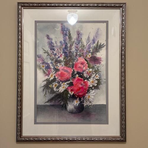 Framed Watercolor Floral Still Life Painting