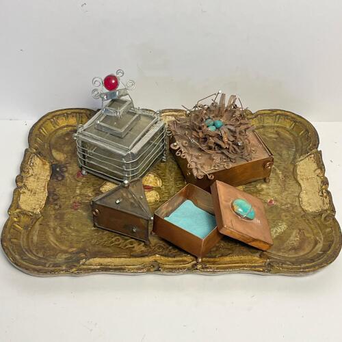 Four Elaine Ware Metal Art Jewelry Boxes With Plastic Tray