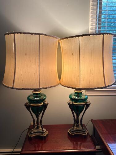 Pair Green Glass and Metal Table Lamps