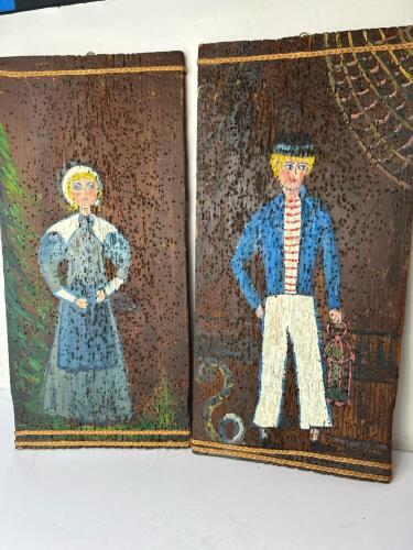 Folk Art 19&rdquo;x9&rdquo; Rustic Nautical Man & Woman Hand-Painted Wood Wall Plaques