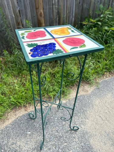 Hand-Painted Tile Top Metal Plant Stand Table With Fruit Motif