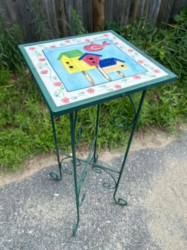 Hand-Painted Ceramic Tile Top Plant Stand W/ Metal Wrought Iron Base & Birdhouse Design