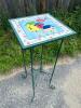 Hand-Painted Ceramic Tile Top Plant Stand W/ Metal Wrought Iron Base & Birdhouse Design