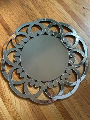 32" Large Ornate Round Beveled Wall Mirror With Black and Silver Glass & Keyhole Mounting