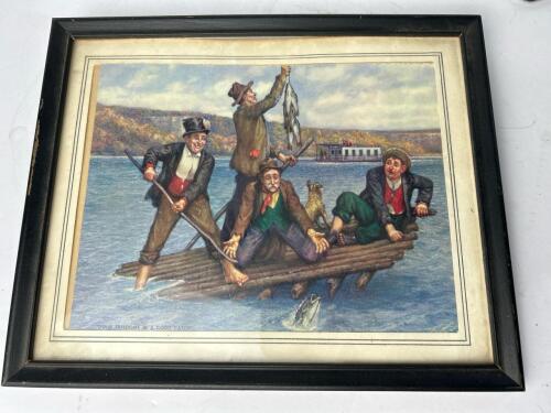 Whimsical 9"x11" Framed Print: 'Four Freedoms in a Good Catch' &ndash; Humorous Fishing Scene