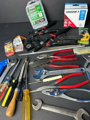 Large Hand Tools & Hardware Lot &ndash; Robo Grip Pliers, Adjustable Wrenches, Screwdrivers & More