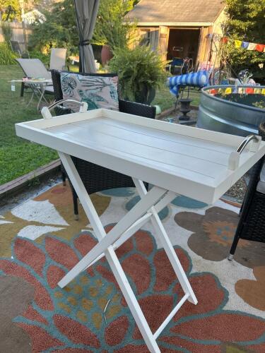 White Butler Tray Table with Folding X-Frame Base and Removable Serving Tray & Chrome Handles