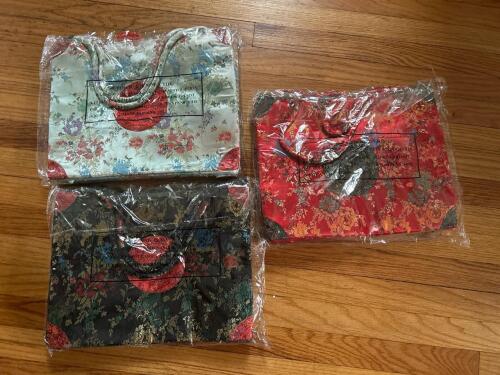 Three New 12"x15" Chinese Brocade Silk Tote Gift Bags From Pier One
