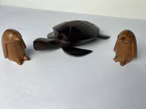 Hand-Carved Indonesian Wood Figurines &ndash; Turtle And Two Penguins