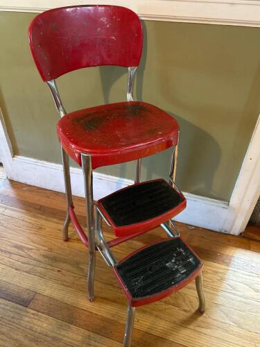 Vintage Retro Cosco Red Step Stool Chair With Chrome Frame & Retractable Steps