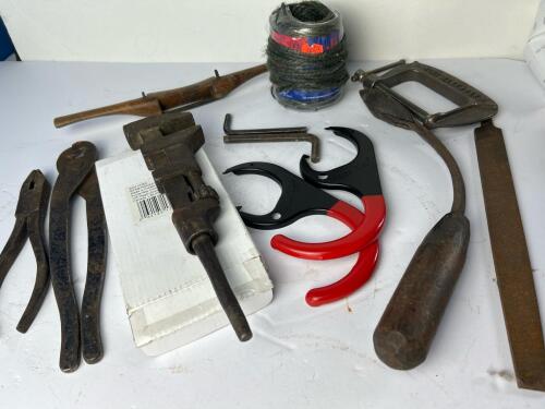 Mixed Tool Lot: Beam Hooks, Vintage Wrenches, C-Clamp, File, Twine & More