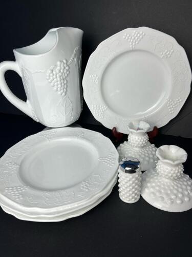 Vintage Fenton White Milk Glass Grape Tableware Set with Hobnail Accents