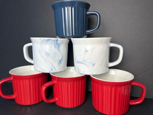Six Red, White & Blue CorningWare 20 oz Stoneware Mugs