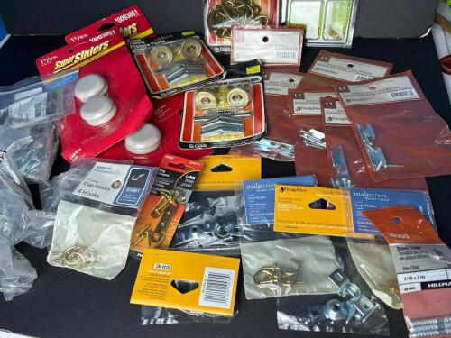 Mixed Hardware Lot &ndash; Curtain Rod Brackets, Hooks, Sliders, Picture Hangers, & Drapery Pins