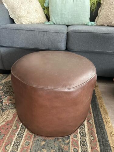 Round Brown Leather Pouf Ottoman, 13"H x 18" Diameter