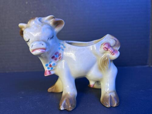 Vintage Japanese Ceramic Cow PlanteWith Bow & Floral Necklace