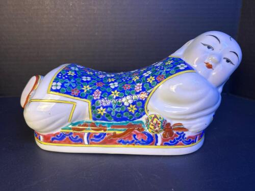 Colorful Chinese Porcelain Reclining Boy Figurine