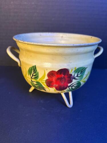 Vintage Hand-Painted Enamelware Planter Pot W/ Tripod Legs & Floral Design