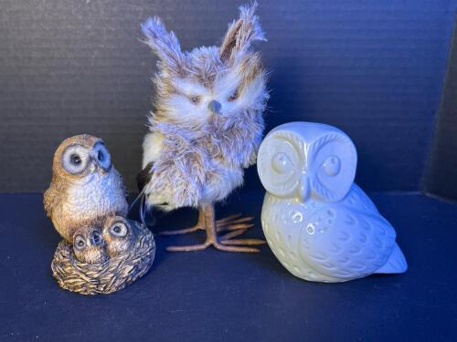 Three Owl Figurines &ndash; Plush, Resin, and Ceramic