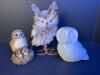 Three Owl Figurines &ndash; Plush, Resin, and Ceramic