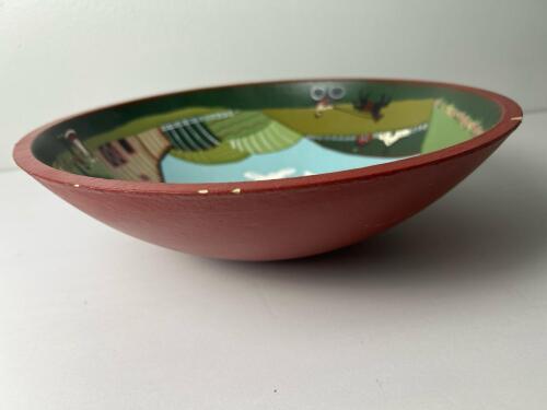 Hand-Painted Wooden Bowl with Rural Farm Scene