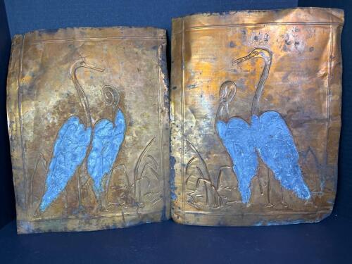Two Hand-Embossed Copper Panels Featuring Cranes in A Marsh