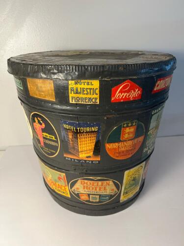 Vintage Wooden Travel Hat Box with Multi-National Hotel Decals And Metal Trim