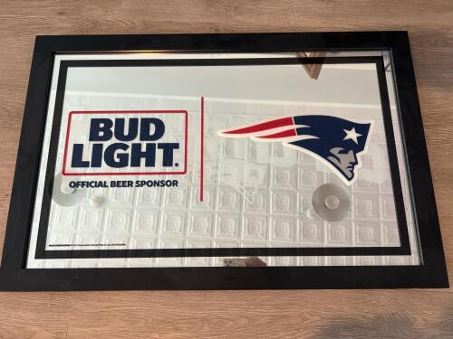 Anheuser-Busch Bud Light Official 2021 NFL Patriots Bar Mirror Sign 35&rdquo; x 23&rdquo;