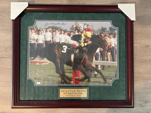 Framed Seattle Slew 1977 Triple Crown Photo Signed by Jean Cruguet 27&rdquo; x 23&rdquo;t With COA
