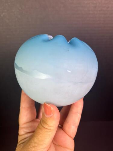Small Vintage Blue Satin Glass Rose Bowl with Crimped Rim