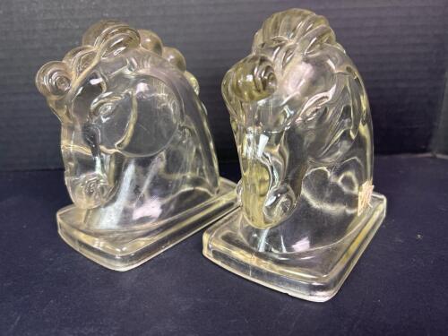 Pair Of Clear Glass Horse Head Bookends