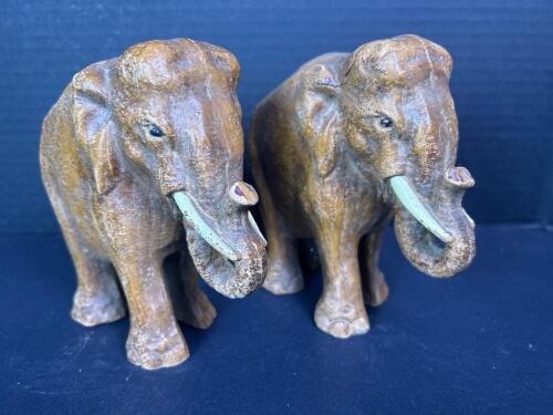 Set of Two Hand-Carved Wooden Elephant Figurines