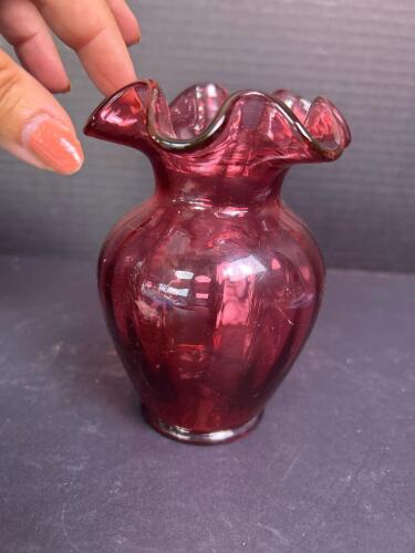 Small Fenton Cranberry Glass Vase With Ruffled Rim