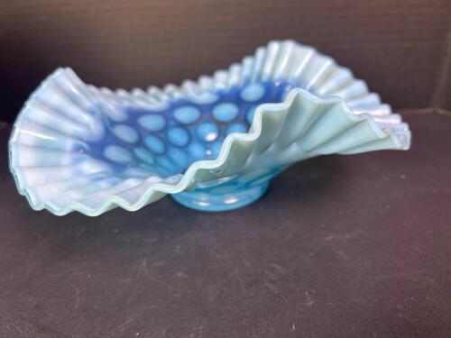 Vintage Fenton Style Blue Opalescent Hobnail Ruffled Edge Bowl