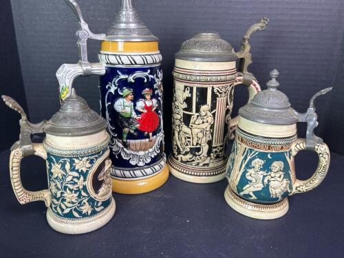 Four German Stoneware Beer Steins With Folk Art & Tavern Reliefs