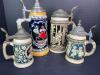 Four German Stoneware Beer Steins With Folk Art & Tavern Reliefs