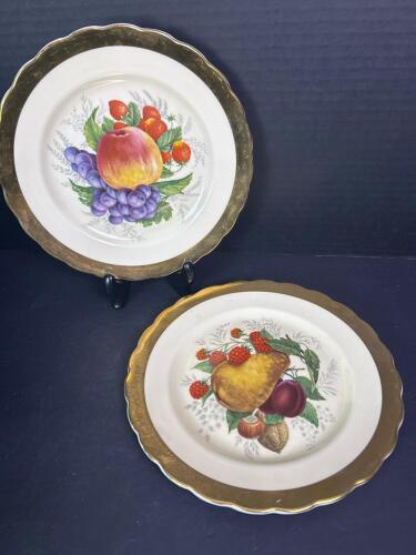 Two Rosina England Gold Toned Trimmed Bone China Fruit Motif Plates