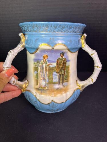 Vintage Hand-Painted Porcelain Loving Cup, Double Handles With European Scene