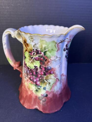 Haviland France Hand-Painted Porcelain Pitcher with Grapes Motif and Gold Trim