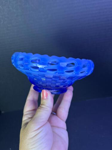 Small Blue Opalescent Glass Basketweave Lace Edge Bowl