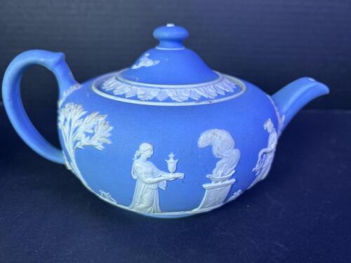 Vintage Wedgwood Jasperware Teapot, Blue with White Neoclassical Relief