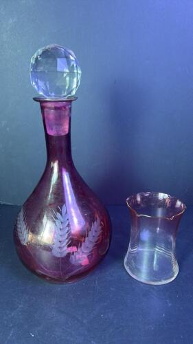 Cranberry Glass Decanter & Glass Set Faceted Crystal Stopper & Etched Fern Design