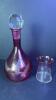 Cranberry Glass Decanter & Glass Set Faceted Crystal Stopper & Etched Fern Design
