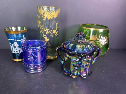 Small Carnival Glass Bicentennial Toothpick Holder & Gilt Tumblers